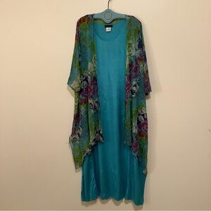 Ulla Popken 2 Piece Sheer Floral Duster Teal A-line Tank Rayon Dress 16/18